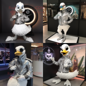 Silver Swan mascot costume character dressed with Moto Jacket and Bracelet watches