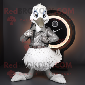 Silver Swan mascot costume character dressed with Moto Jacket and Bracelet watches