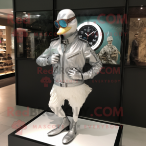 Silver Swan mascot costume character dressed with Moto Jacket and Bracelet watches