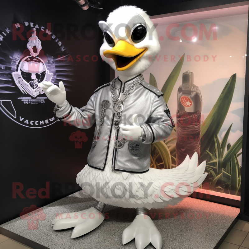 Silver Swan mascot costume character dressed with Moto Jacket and Bracelet watches