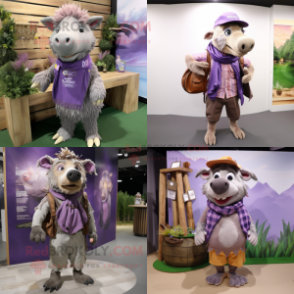 Lavender Wild boar mascot costume character dressed with Cargo Shorts and Shawl pins
