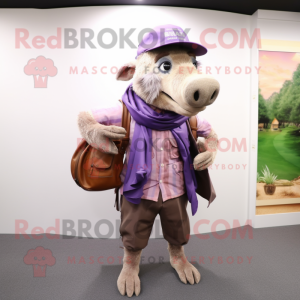 Lavender Wild boar mascot costume character dressed with Cargo Shorts and Shawl pins