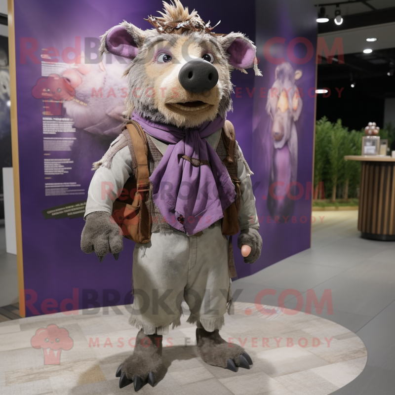 Lavender Wild boar mascot costume character dressed with Cargo Shorts and Shawl pins