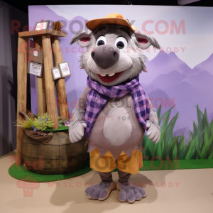 Lavender Wild boar mascot costume character dressed with Cargo Shorts and Shawl pins