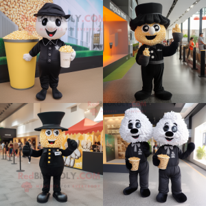 Black Pop corn mascot costume character dressed with Polo Tee and Suspenders