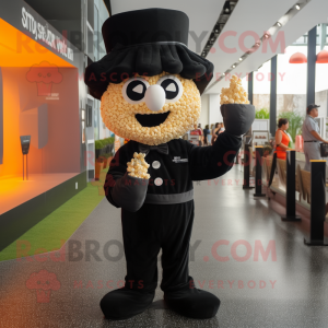 Black Pop corn mascot costume character dressed with Polo Tee and Suspenders