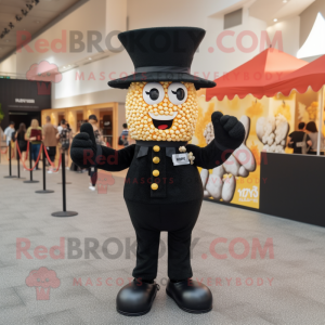 Black Pop corn mascot costume character dressed with Polo Tee and Suspenders