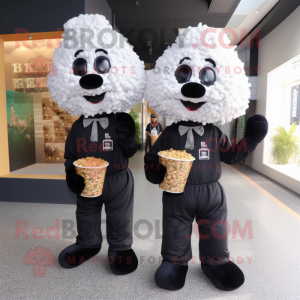 Black Pop corn mascot costume character dressed with Polo Tee and Suspenders