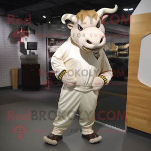 Beige Bull mascot costume character dressed with Sweatshirt and Tie pins