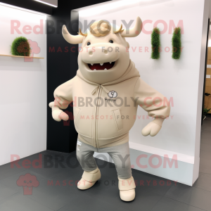 Beige Bull mascot costume character dressed with Sweatshirt and Tie pins