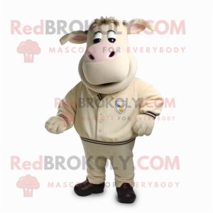 Beige Bull mascot costume character dressed with Sweatshirt and Tie pins