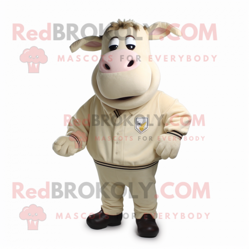 Beige Bull mascot costume character dressed with Sweatshirt and Tie pins Beige Bull mascot costume character dressed with Sweatshirt and Tie pins