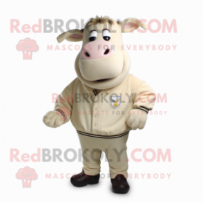 Beige Bull mascot costume character dressed with Sweatshirt and Tie pins