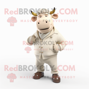 Beige Bull mascot costume character dressed with Sweatshirt and Tie pins
