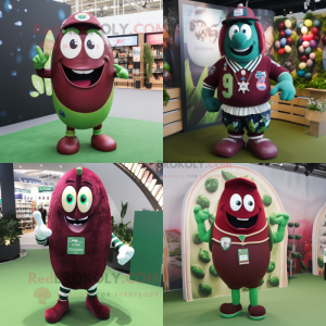 Maroon green bean mascot costume character dressed with Rugby Shirt and Necklaces