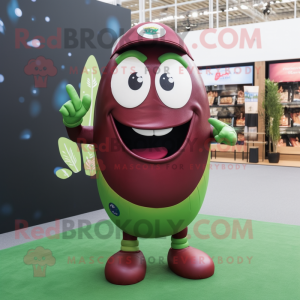 Maroon green bean mascot costume character dressed with Rugby Shirt and Necklaces