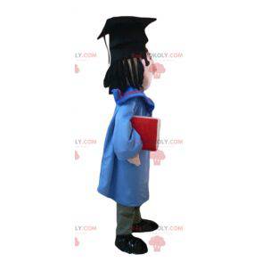 Mascote de estudante com vestido e boné de pós-graduação -