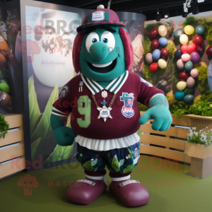 Maroon green bean mascot costume character dressed with Rugby Shirt and Necklaces