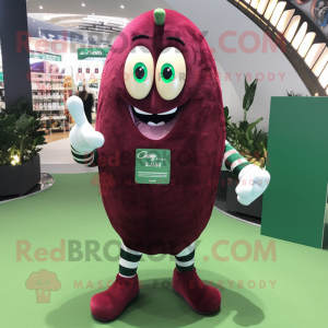 Maroon green bean mascot costume character dressed with Rugby Shirt and Necklaces