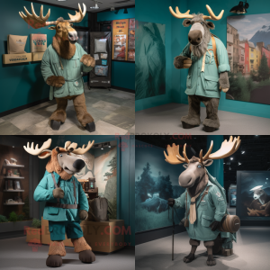 Teal irish elk mascot costume character dressed with Cargo Pants and Shawls