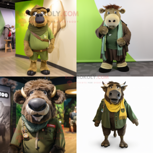 Olive Bison mascot costume character dressed with Trousers and Scarf clips