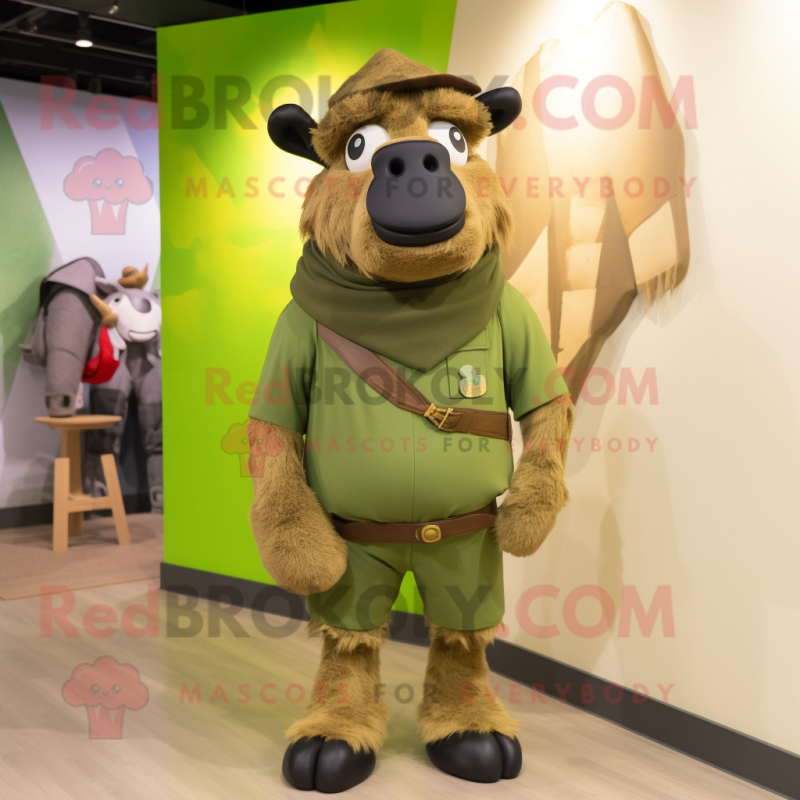 Olive Bison mascot costume character dressed with Trousers and Scarf clips