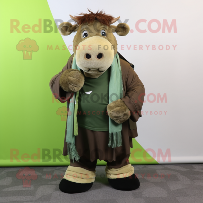 Olive Bison mascot costume character dressed with Trousers and Scarf clips