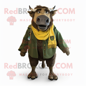 Olive Bison mascot costume character dressed with Trousers and Scarf clips