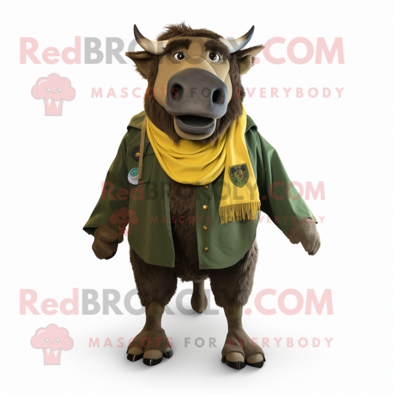 Olive Bison mascot costume character dressed with Trousers and Scarf clips Olive Bison mascot costume character dressed with Trousers and Scarf clips