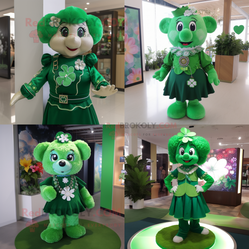 Green Four Leaf Clover mascot costume character dressed with Blouse and Necklaces Green Four Leaf Clover mascot costume character dressed with Blouse and Necklaces