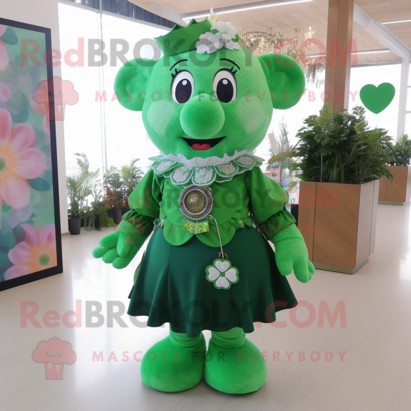 Green Four Leaf Clover mascot costume character dressed with Blouse and Necklaces Green Four Leaf Clover mascot costume character dressed with Blouse and Necklaces