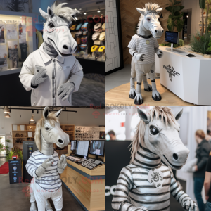 Silver Quagga mascot costume character dressed with T-Shirt and Lapel pins