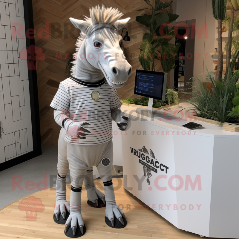 Silver Quagga mascot costume character dressed with T-Shirt and Lapel pins