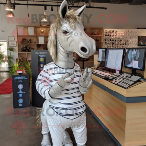 Silver Quagga mascot costume character dressed with T-Shirt and Lapel pins