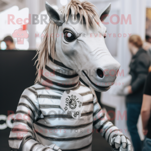 Silver Quagga mascot costume character dressed with T-Shirt and Lapel pins