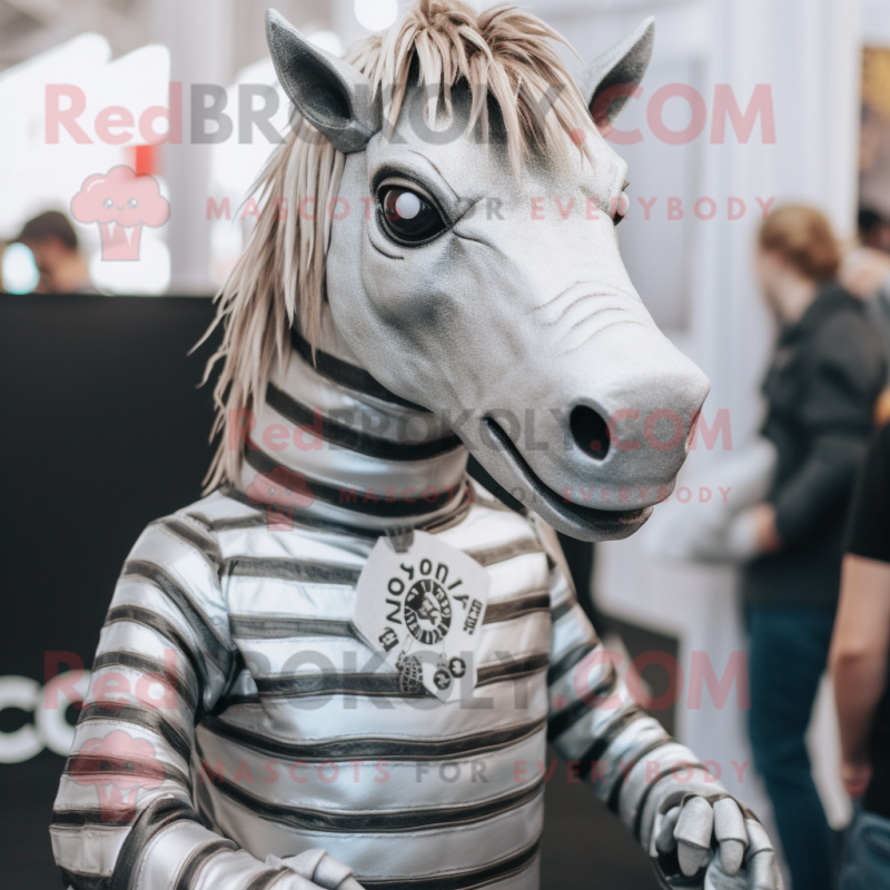 Silver Quagga mascot costume character dressed with T-Shirt and Lapel pins Silver Quagga mascot costume character dressed with T-Shirt and Lapel pins