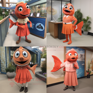 Rust Salmon mascot costume character dressed with Pencil Skirt and Shoe clips