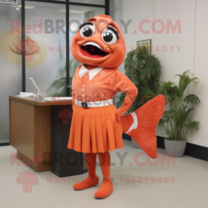 Rust Salmon mascot costume character dressed with Pencil Skirt and Shoe clips