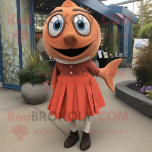 Rust Salmon mascot costume character dressed with Pencil Skirt and Shoe clips