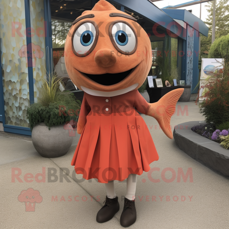 Rust Salmon mascot costume character dressed with Pencil Skirt and Shoe clips Rust Salmon mascot costume character dressed with Pencil Skirt and Shoe clips