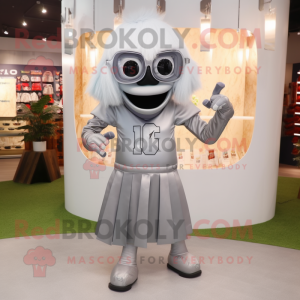 Silver American football helmet mascot costume character dressed with Maxi Skirt and Eyeglasses