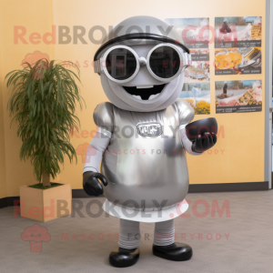 Silver American football helmet mascot costume character dressed with Maxi Skirt and Eyeglasses