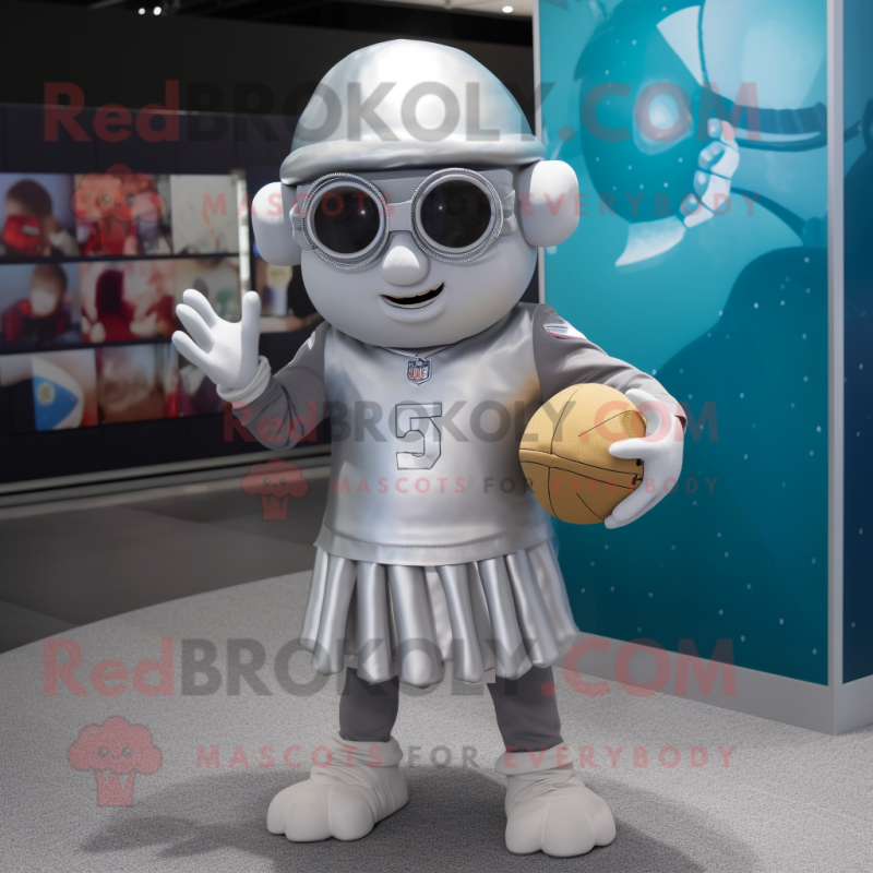 Silver American football helmet mascot costume character dressed with Maxi Skirt and Eyeglasses