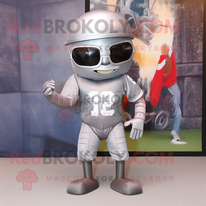Silver American football helmet mascot costume character dressed with Maxi Skirt and Eyeglasses