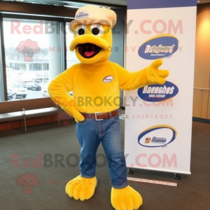 Gold Chicken Parmesan mascot costume character dressed with Bootcut Jeans and Beanies