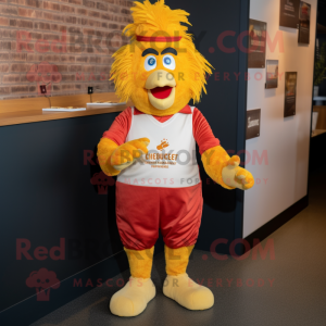 Gold Chicken Parmesan mascot costume character dressed with Bootcut Jeans and Beanies