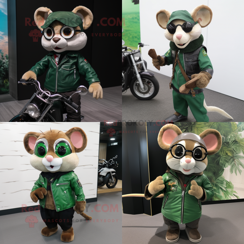 Forest Green Dormouse mascot costume character dressed with Biker Jacket and Reading glasses