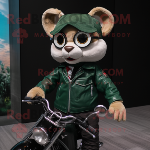 Forest Green Dormouse mascot costume character dressed with Biker Jacket and Reading glasses
