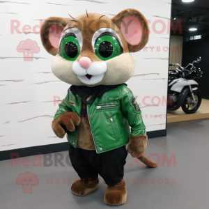 Forest Green Dormouse mascot costume character dressed with Biker Jacket and Reading glasses