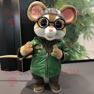 Forest Green Dormouse mascot costume character dressed with Biker Jacket and Reading glasses